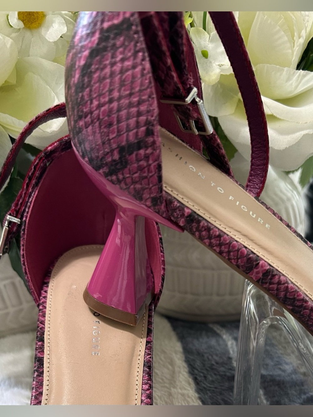 NEW Fashion to Figure Snake-Print Block Heel Sandals -Pink, Size 13 - Picture 3 of 4